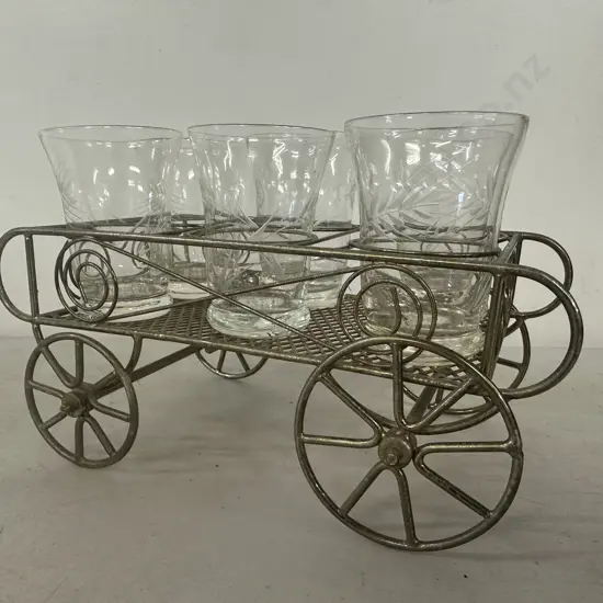 Vintage Wire Cart With Set Of Six Sherry Glasses 