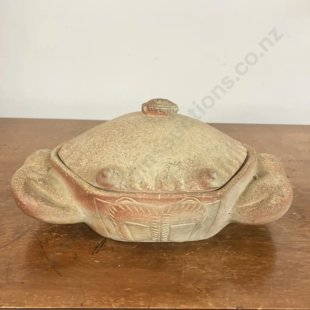 Pottery Crab Dish With Lid & Glazed Interior. H13 W29 D18cm Image 1++