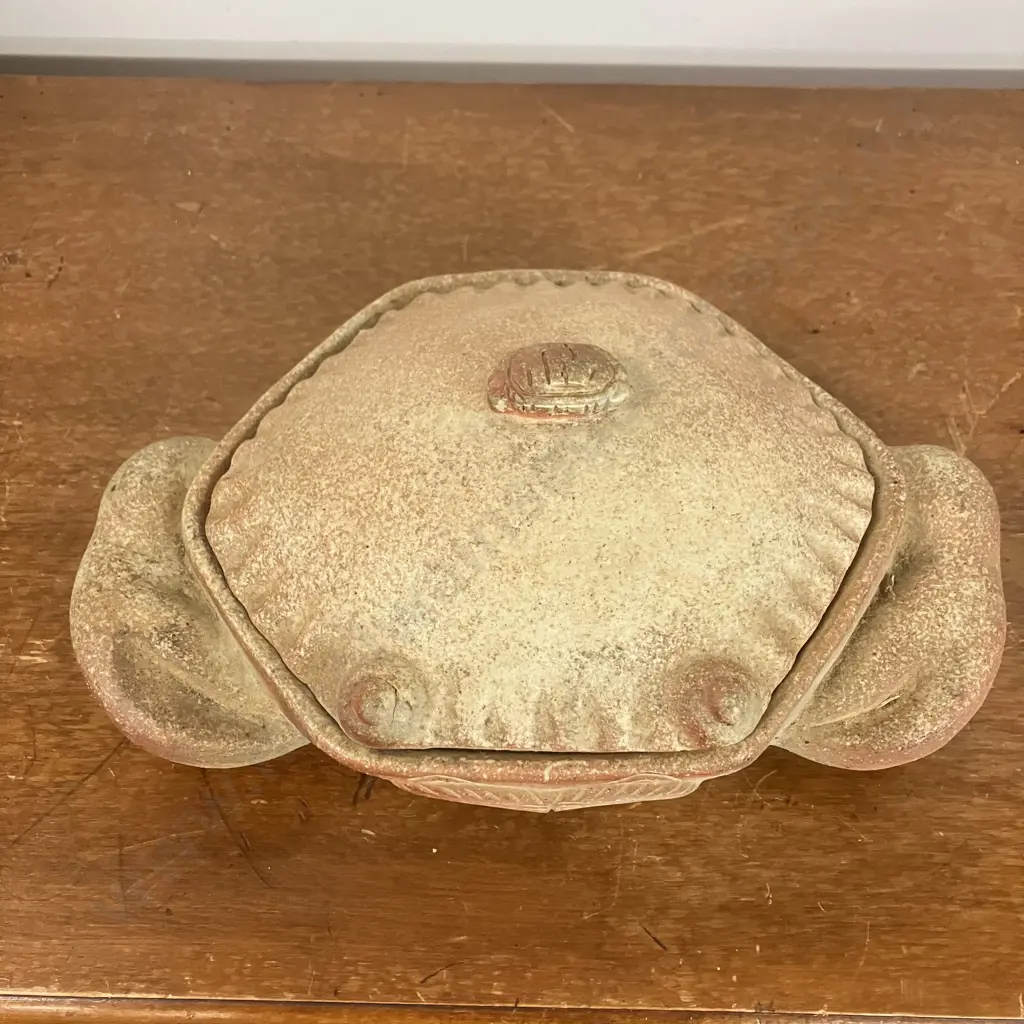 Pottery Crab Dish With Lid & Glazed Interior. H13 W29 D18cm Image 1++