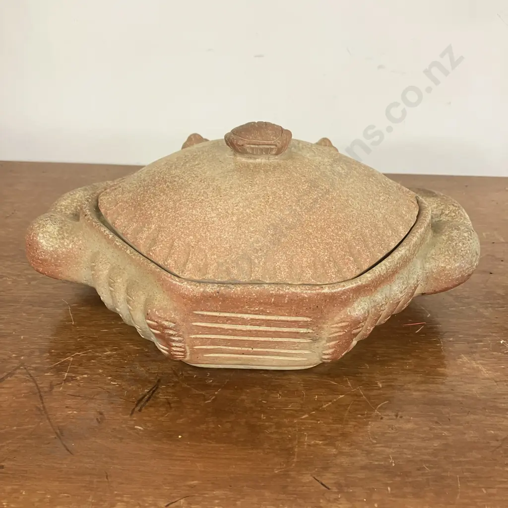 Pottery Crab Dish With Lid & Glazed Interior. H13 W29 D18cm Image 1++