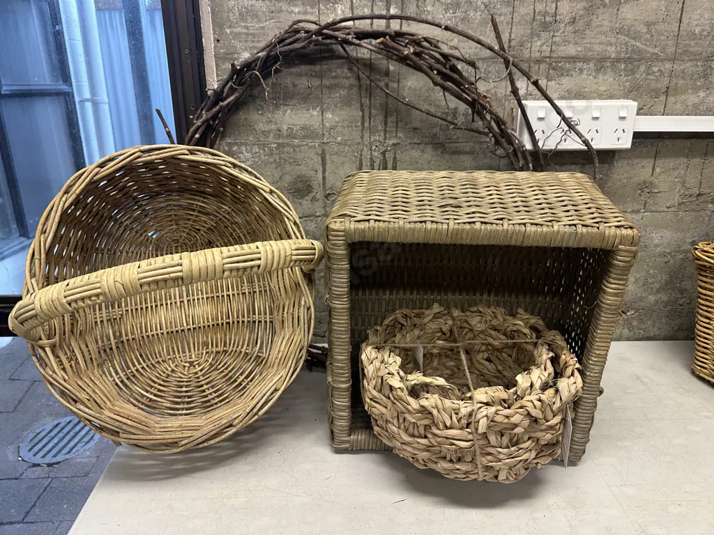 Assorted Caneware Items Including New Seagrass Baskets Etc Image 1++