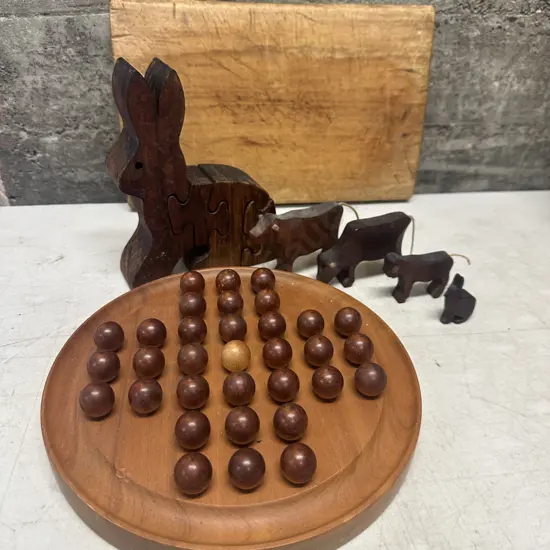 Assorted Wooden Ware Including Puzzle, Bread Board,Ornaments & Game 