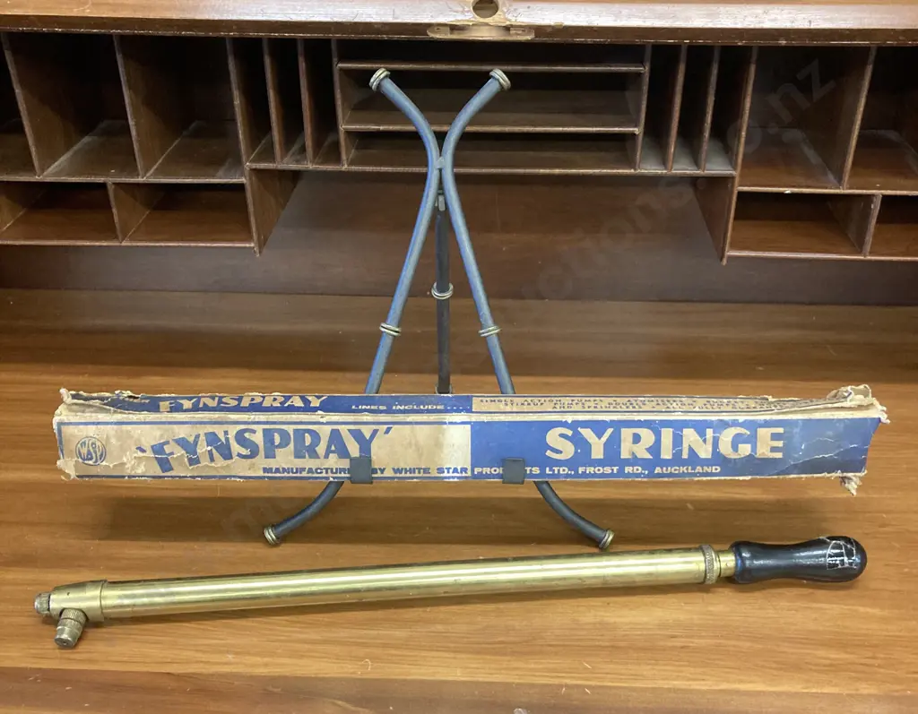 Vintage 'Fynspry Syringe Brass Garden Hand Pump Sprayer, Boxed. 58cm, White Star Products, Auckland Image 1++
