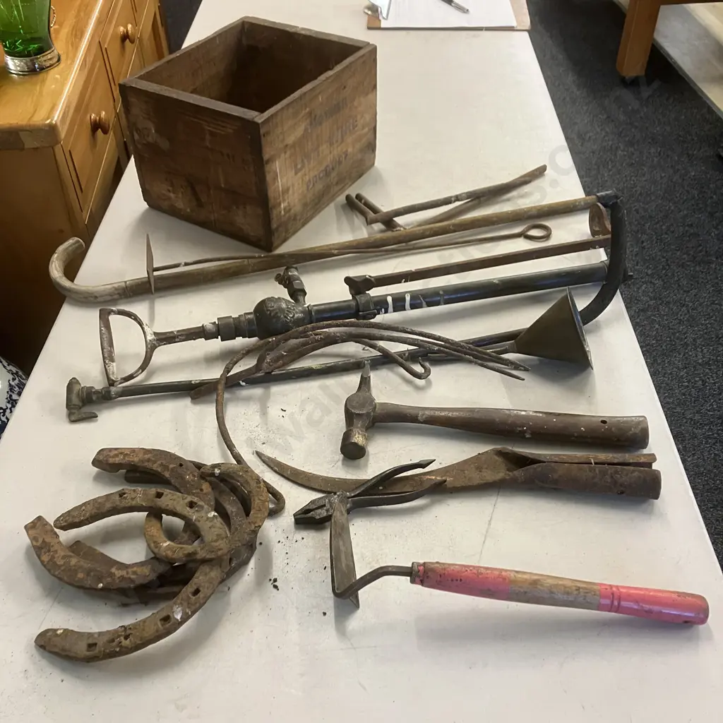 Box Lot Vintage Items, Junior Stirrup Pump, Horse Shoes, Copper Funnel, Niwashi Etc Image 1++