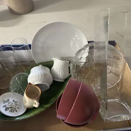 Large Glass Vase, Bowl, Glasses & China Items Etc