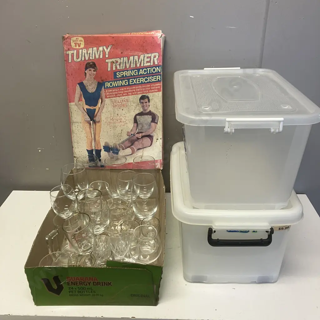 Vintage Tummy Trimmer, Plastic Lidded Containers, Glassware Image 1++