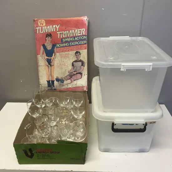 Vintage Tummy Trimmer, Plastic Lidded Containers, Glassware