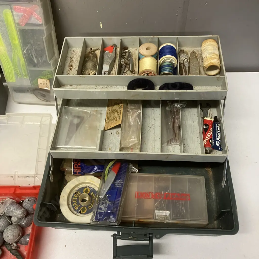 Box lot Assorted Fishing Gear, Tackle Boxes, Lead Sinkers Etc Image 1++