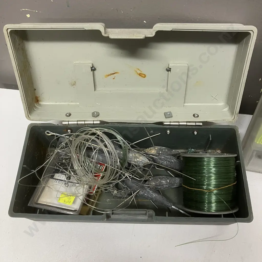 Box lot Assorted Fishing Gear, Tackle Boxes, Lead Sinkers Etc Image 1++