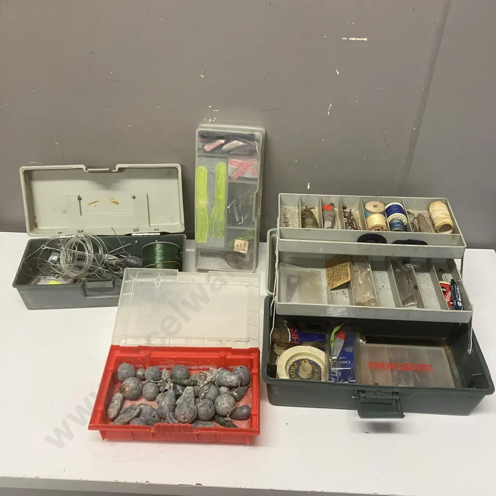Box lot Assorted Fishing Gear, Tackle Boxes, Lead Sinkers Etc Image 1++