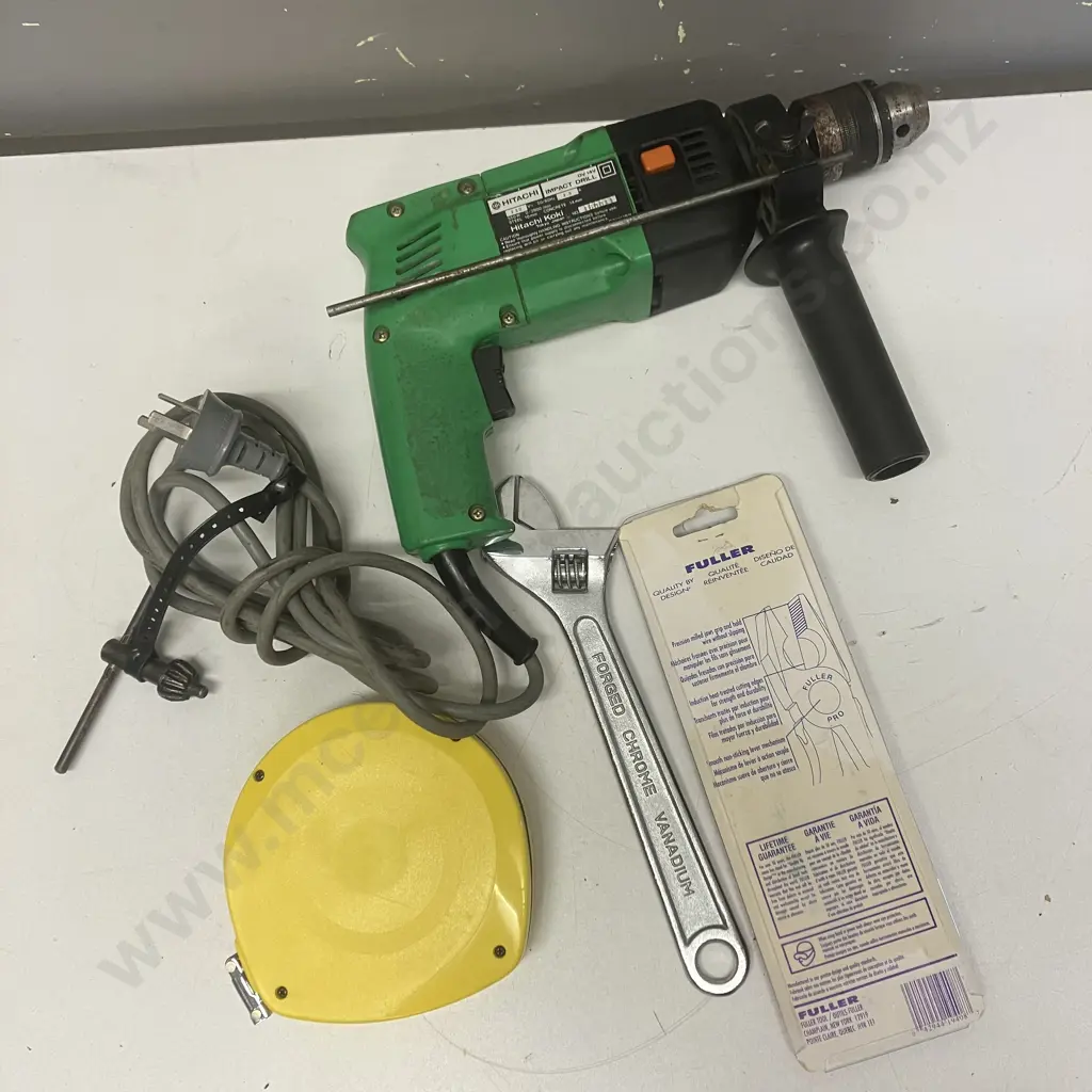 Hitachi DV 14V Electric Impact Drill, Fuller Pro Lineman Cutting Pliers & 10" Crescent, Komelon 20m Fibreglass Tape Image 1++