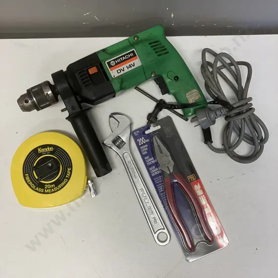 Hitachi DV 14V Electric Impact Drill, Fuller Pro Lineman Cutting Pliers & 10" Crescent, Komelon 20m Fibreglass Tape