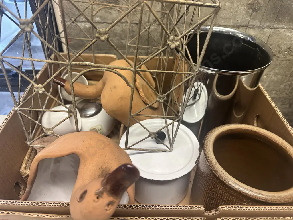 Box Lot Enamel Lidded Billy, Pottery Utensil Holder, Ice Bucket, Duck Ornaments Etc Image 1++