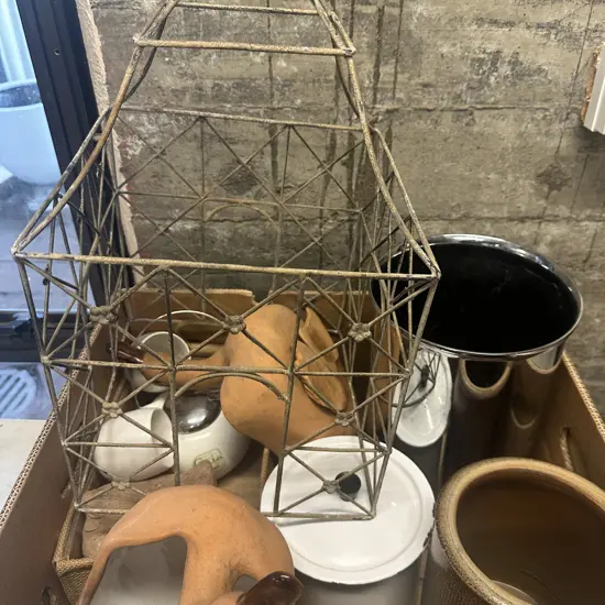 Box Lot Enamel Lidded Billy, Pottery Utensil Holder, Ice Bucket, Duck Ornaments Etc