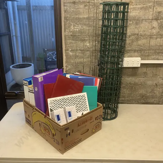 Box Lot Stationery, 2 x E-Calendars, Paper, Plastic Sleeves Etc With Part Roll Of Green Plastic Mesh