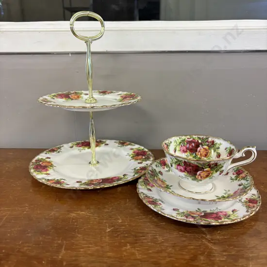 Royal Albert Old Country Roses two tier Cake Stand with unusual shaped trio