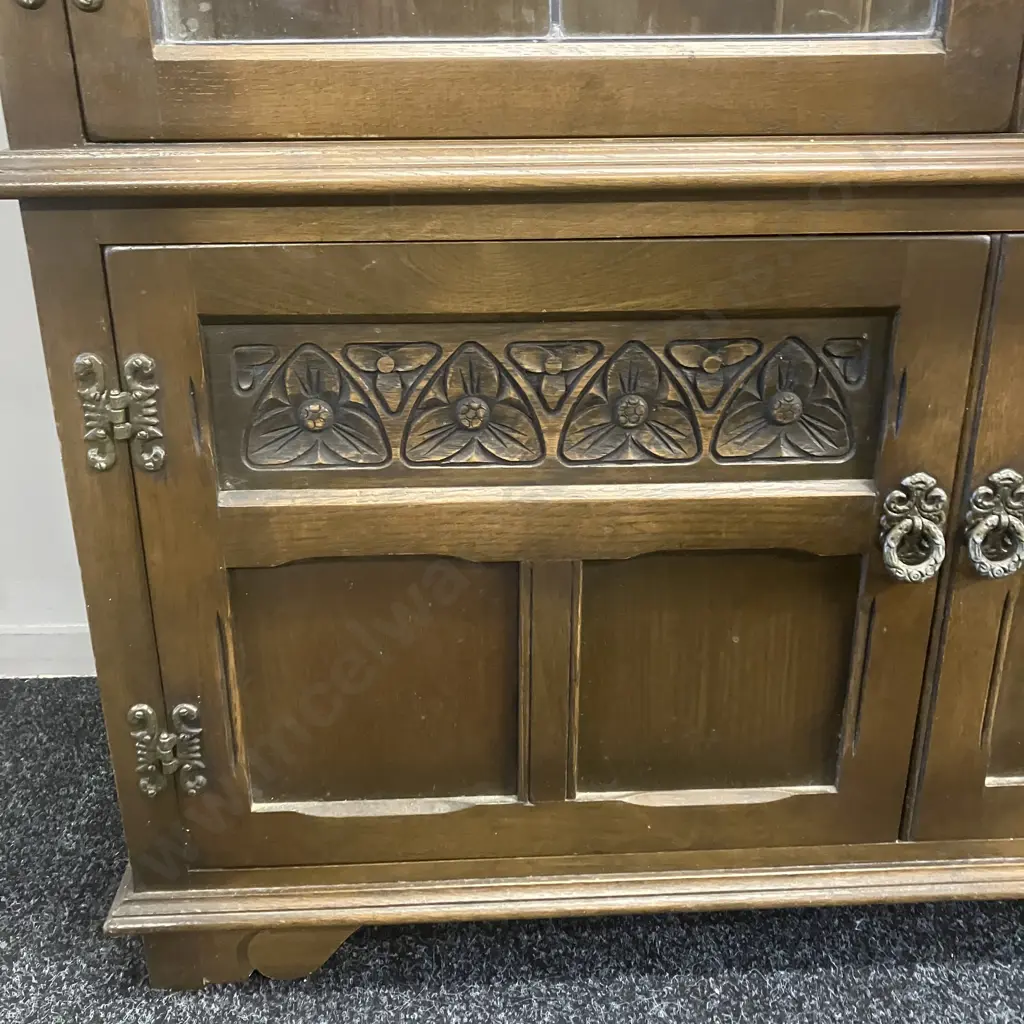Vintage Wood Bros Old Charm Furniture Glazed Bookcase Cabinet, Light Oak - 1970's  England. H161 W108 D38cm Image 1++