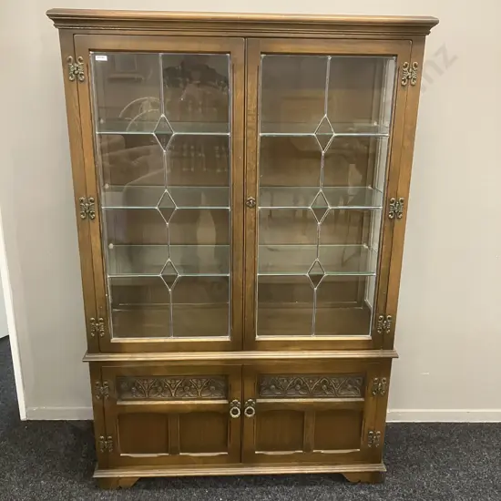 Vintage Wood Bros Old Charm Furniture Glazed Bookcase Cabinet, Light Oak - 1970's  England. H161 W108 D38cm