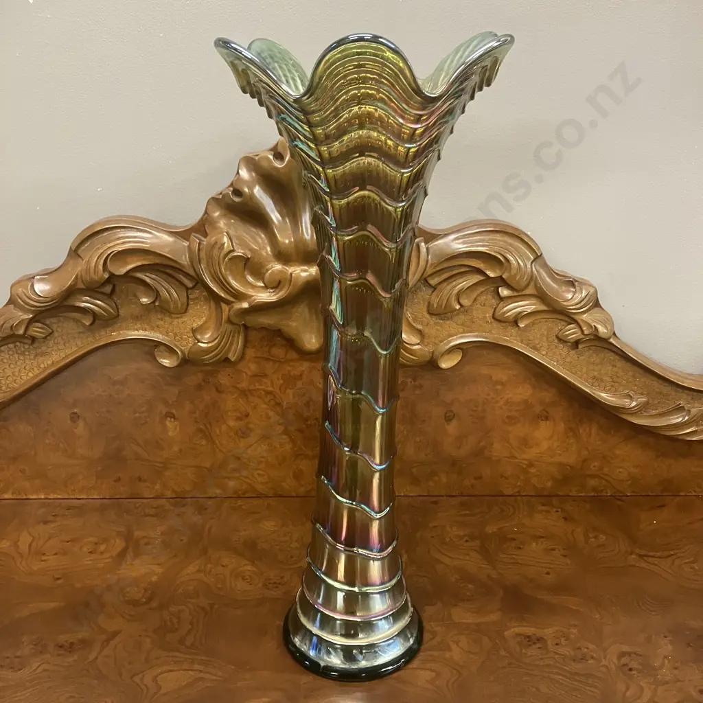 Scarce Antique Imperial Green Ripple Carnival Glass Swung Vase Pattern 481, Radium Style Finish. H47.5cm Image 1++