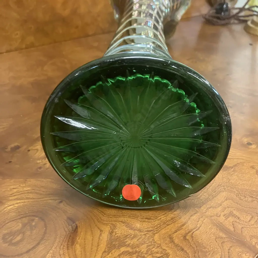 Scarce Antique Imperial Green Ripple Carnival Glass Swung Vase Pattern 481, Radium Style Finish. H47.5cm Image 1++