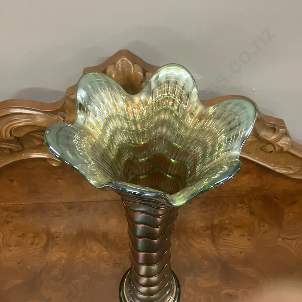 Scarce Antique Imperial Green Ripple Carnival Glass Swung Vase Pattern 481, Radium Style Finish. H47.5cm Image 1++