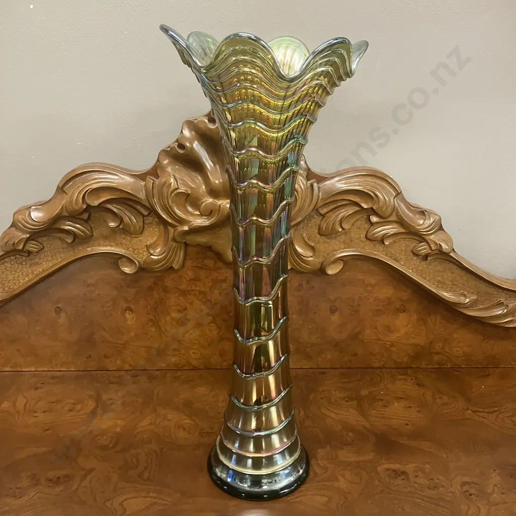 Scarce Antique Imperial Green Ripple Carnival Glass Swung Vase Pattern 481, Radium Style Finish. H47.5cm Image 1++