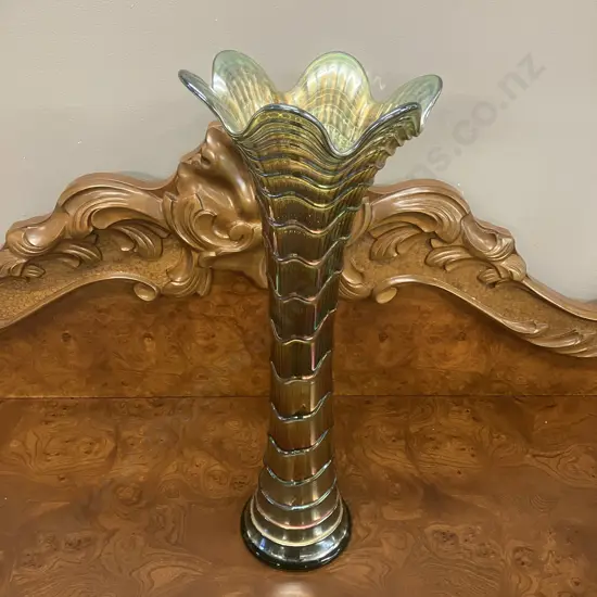 Scarce Antique Imperial Green Ripple Carnival Glass Swung Vase Pattern 481, Radium Style Finish. H47.5cm