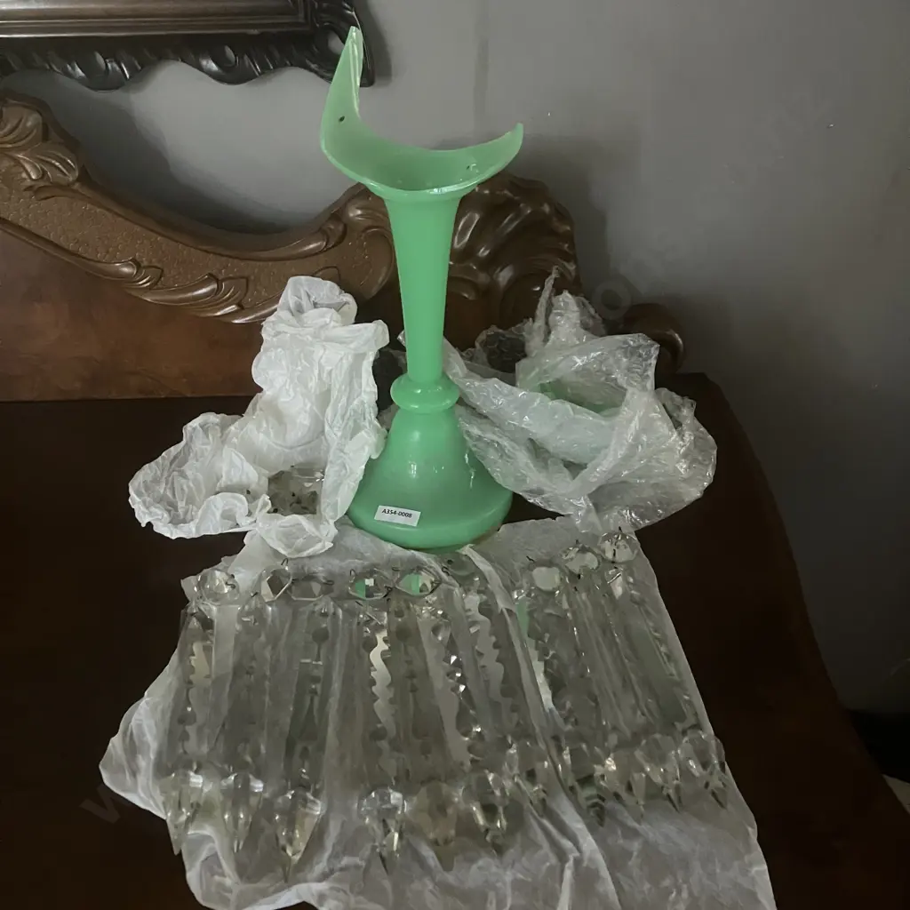 c1890's Uranium Glass Victorian Hand Painted Jade Green Glass Mantel Luster With Prisms . H34cm Image 1++