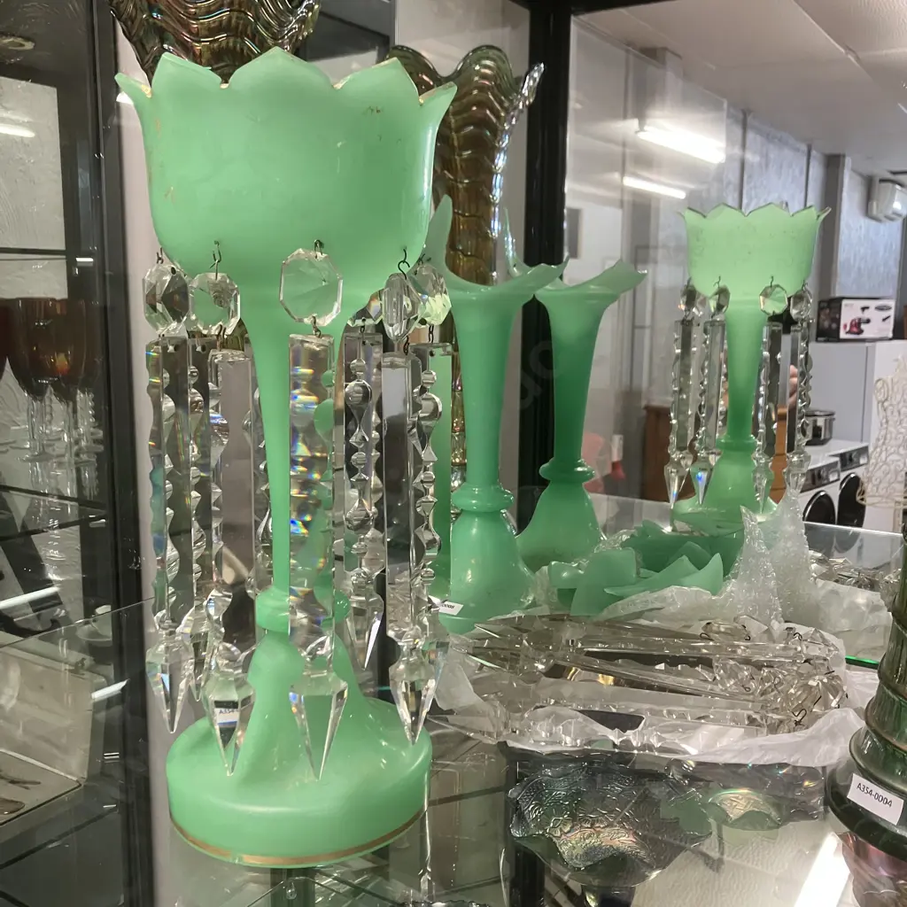 c1890's Uranium Glass Victorian Hand Painted Jade Green Glass Mantel Luster With Prisms . H34cm Image 1++