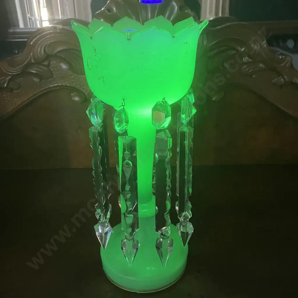 c1890's Uranium Glass Victorian Hand Painted Jade Green Glass Mantel Luster With Prisms . H34cm Image 1++