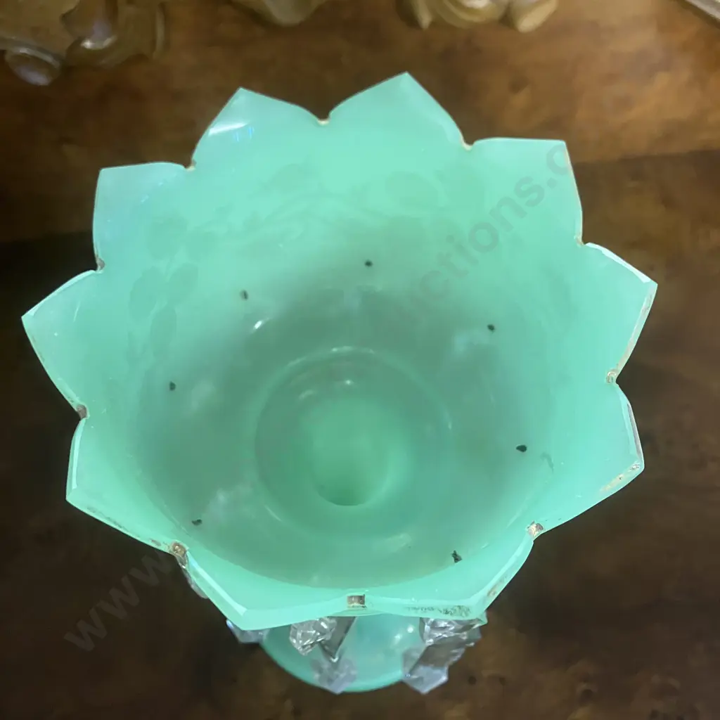 c1890's Uranium Glass Victorian Hand Painted Jade Green Glass Mantel Luster With Prisms . H34cm Image 1++