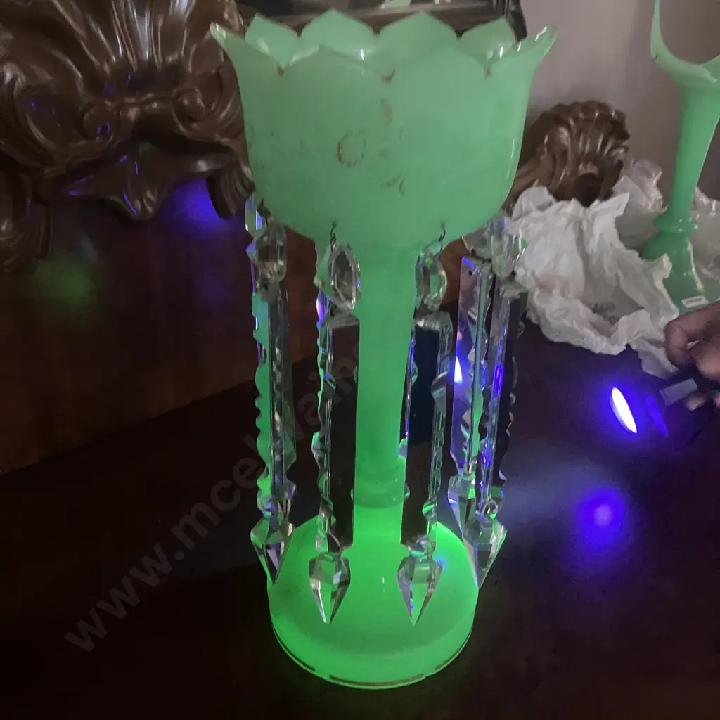 c1890's Uranium Glass Victorian Hand Painted Jade Green Glass Mantel Luster With Prisms . H34cm Image 1++