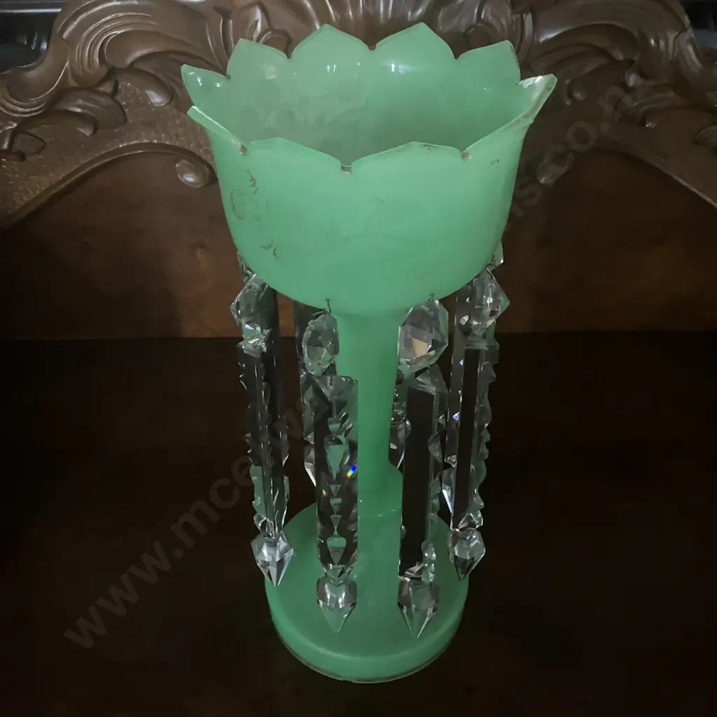 c1890's Uranium Glass Victorian Hand Painted Jade Green Glass Mantel Luster With Prisms . H34cm Image 1++