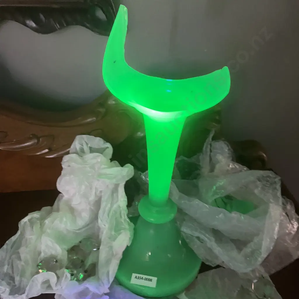 c1890's Uranium Glass Victorian Hand Painted Jade Green Glass Mantel Luster With Prisms . H34cm Image 1++
