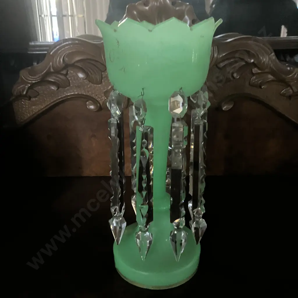 c1890's Uranium Glass Victorian Hand Painted Jade Green Glass Mantel Luster With Prisms . H34cm Image 1++