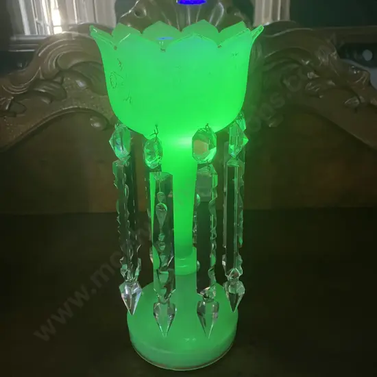 c1890's Uranium Glass Victorian Hand Painted Jade Green Glass Mantel Luster With Prisms . H34cm