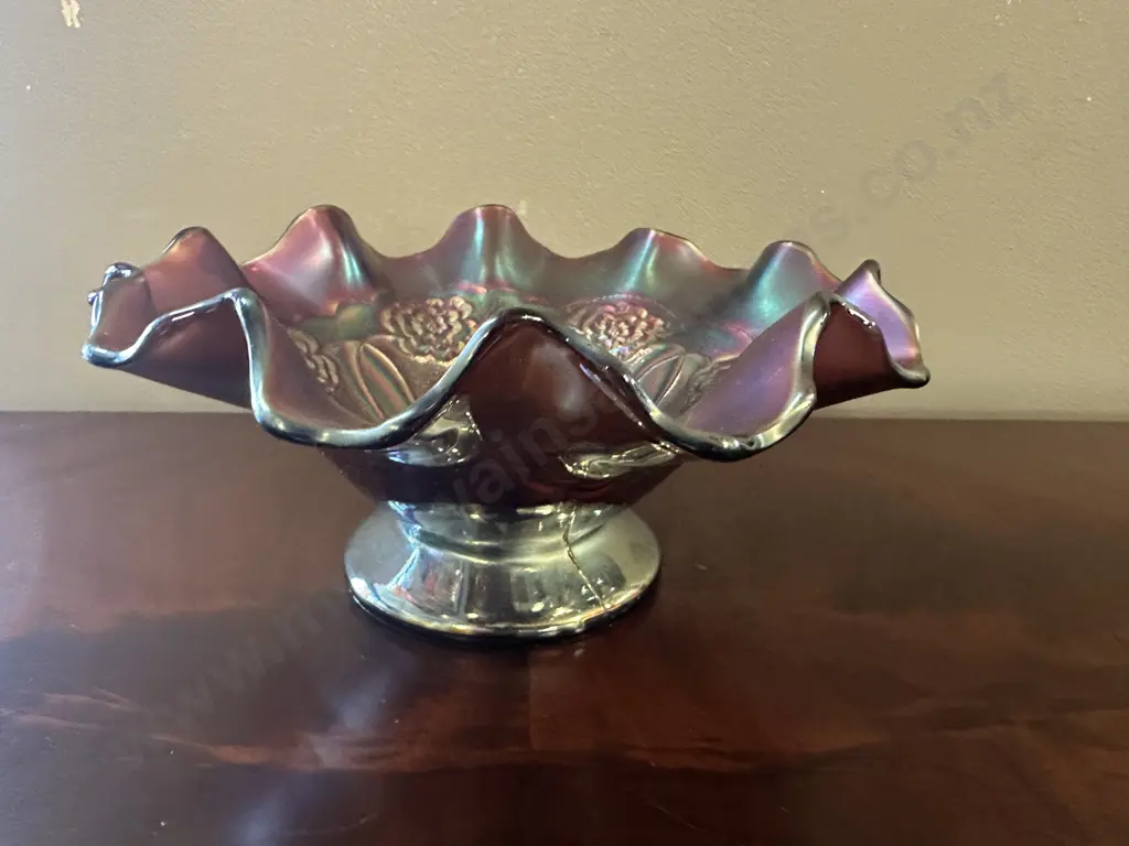 Antique Duggan Amethyst  Carnival Glass Bowl, Double Rose Stem With Ruffled Edge H10,Dia22cm.  Image 1++