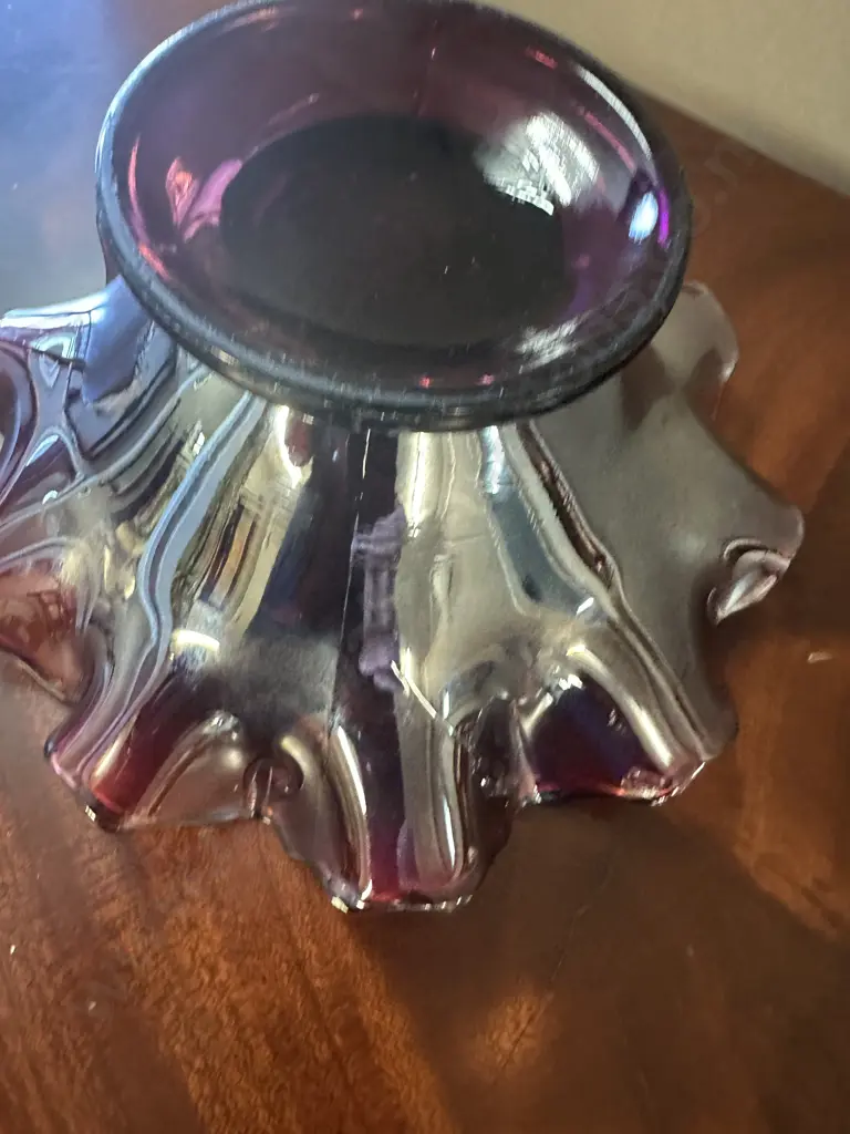 Antique Duggan Amethyst  Carnival Glass Bowl, Double Rose Stem With Ruffled Edge H10,Dia22cm.  Image 1++