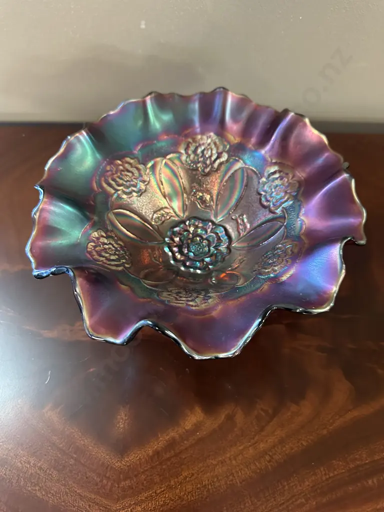 Antique Duggan Amethyst  Carnival Glass Bowl, Double Rose Stem With Ruffled Edge H10,Dia22cm.  Image 1++