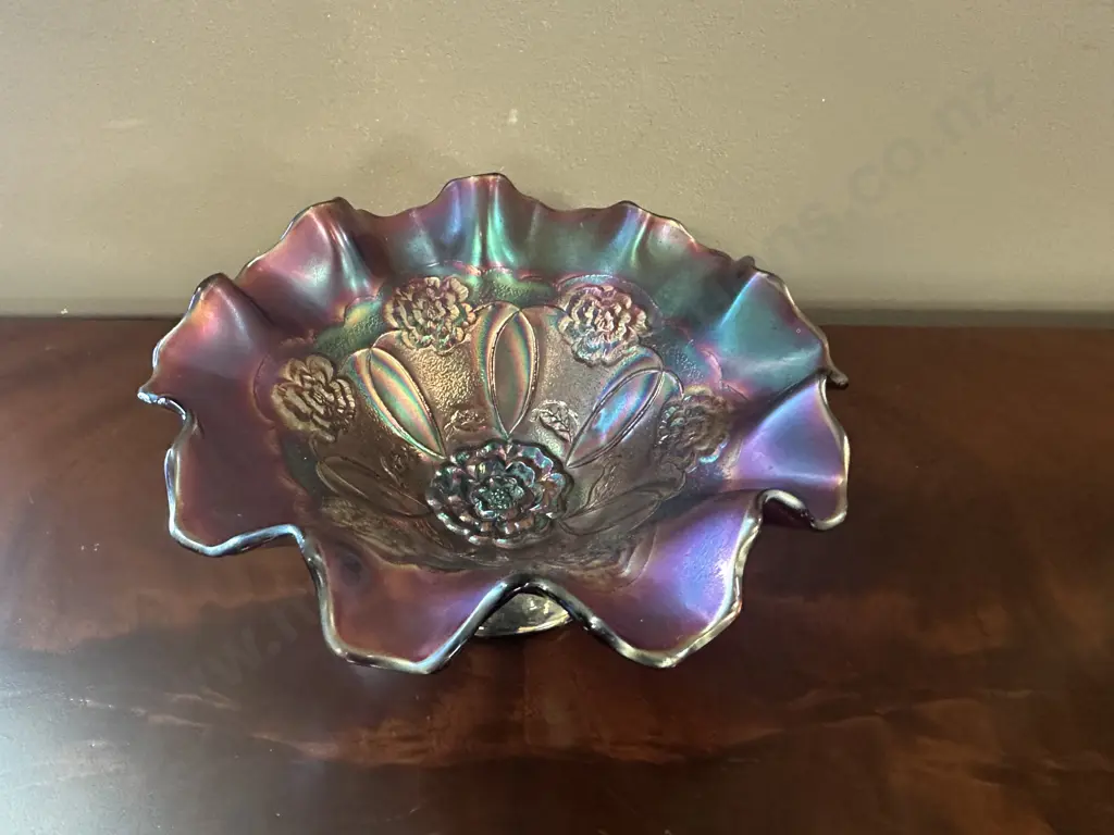 Antique Duggan Amethyst  Carnival Glass Bowl, Double Rose Stem With Ruffled Edge H10,Dia22cm.  Image 1++