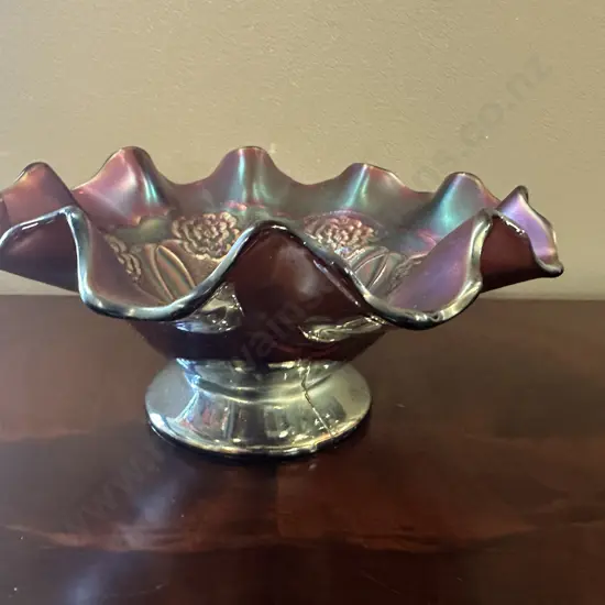 Antique Duggan Amethyst  Carnival Glass Bowl, Double Rose Stem With Ruffled Edge H10,Dia22cm. 