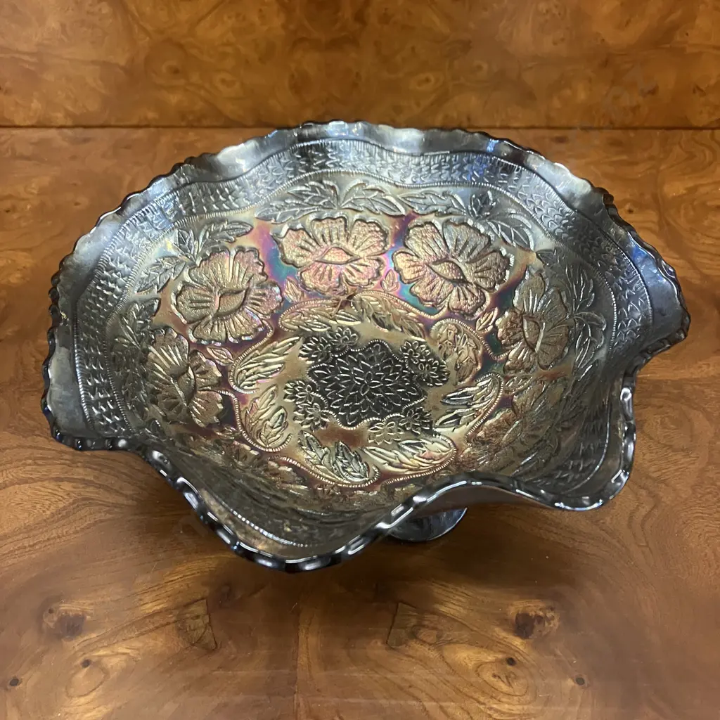 Antique Fenton 'Two Flowers' Carnival Glass Ruffled Dish, Spatula Footed, Blue / Black Amethyst, c1920's. 20.5cm Image 1++
