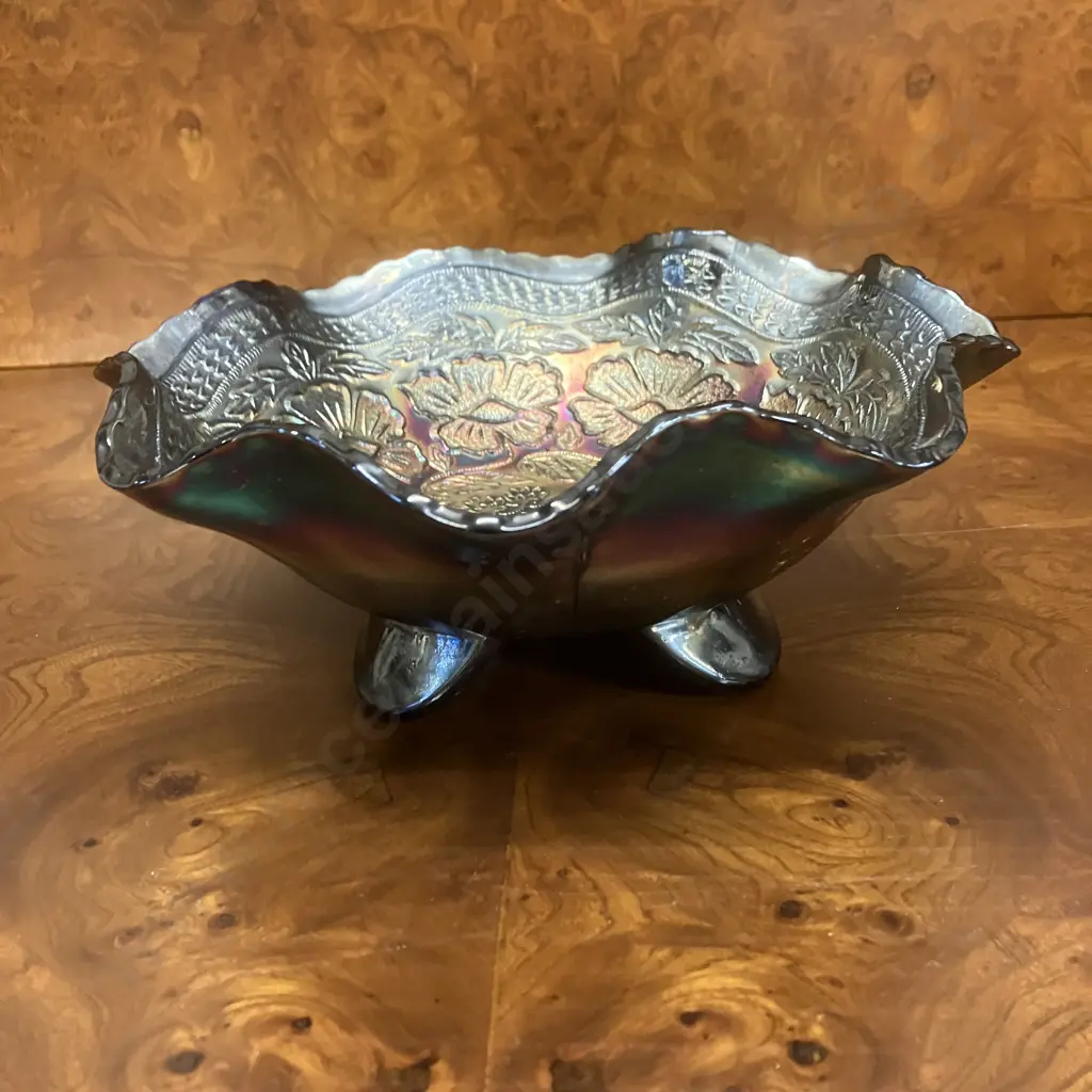 Antique Fenton 'Two Flowers' Carnival Glass Ruffled Dish, Spatula Footed, Blue / Black Amethyst, c1920's. 20.5cm Image 1++