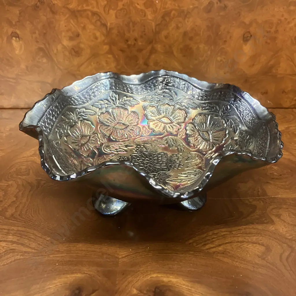 Antique Fenton 'Two Flowers' Carnival Glass Ruffled Dish, Spatula Footed, Blue / Black Amethyst, c1920's. 20.5cm Image 1++
