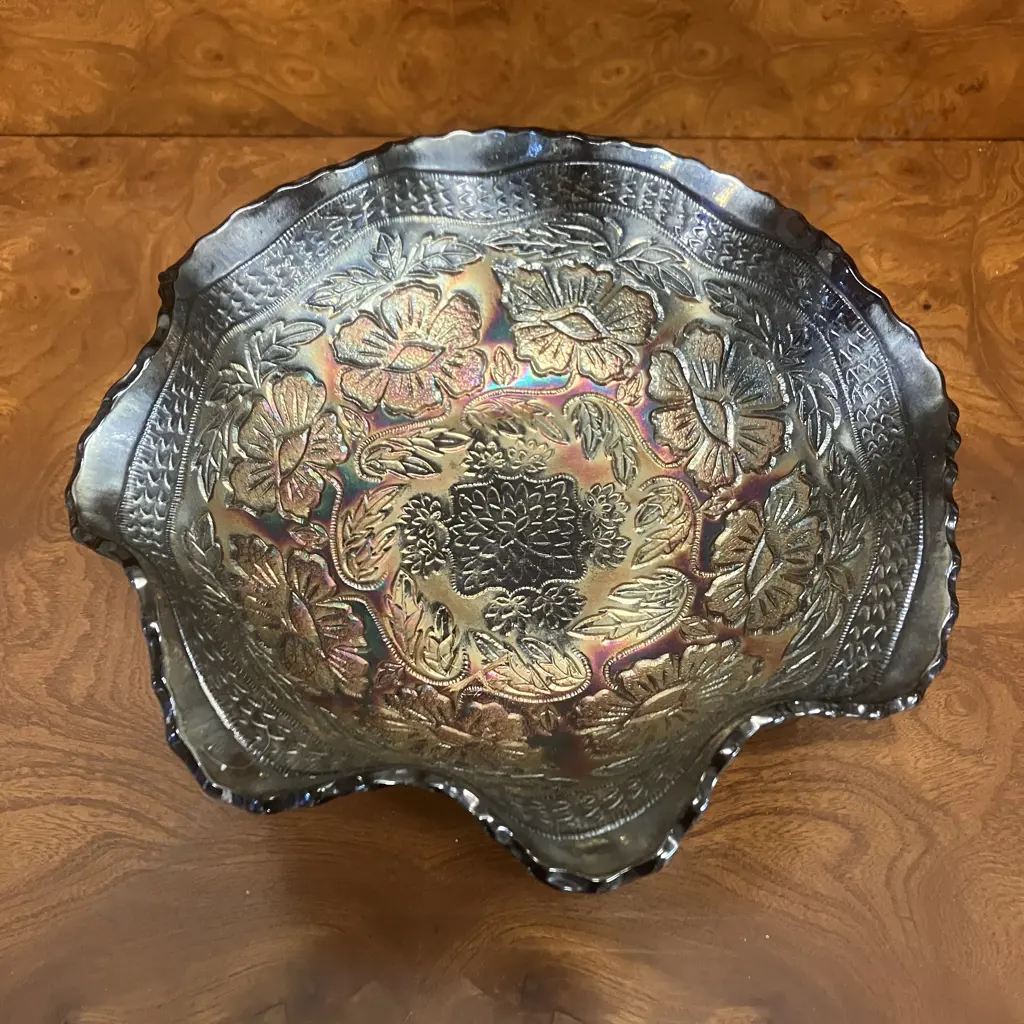 Antique Fenton 'Two Flowers' Carnival Glass Ruffled Dish, Spatula Footed, Blue / Black Amethyst, c1920's. 20.5cm Image 1++