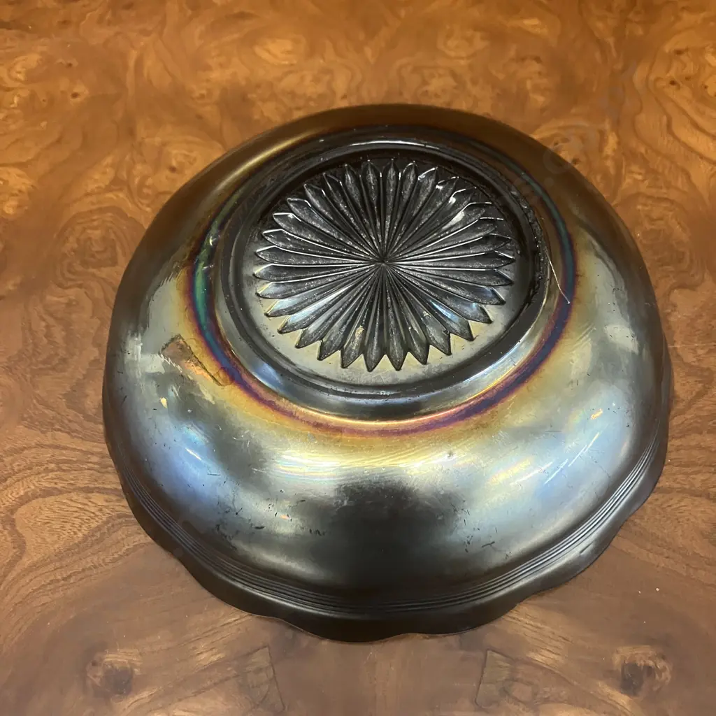Rare Crown Crystal Australian Carnival Glass 'Pin Ups' Salad Bowl, Black Amethyst. 19cm Image 1++