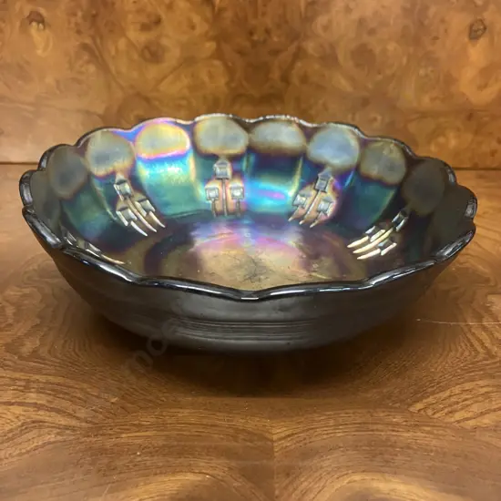 Rare Crown Crystal Australian Carnival Glass 'Pin Ups' Salad Bowl, Black Amethyst. 19cm