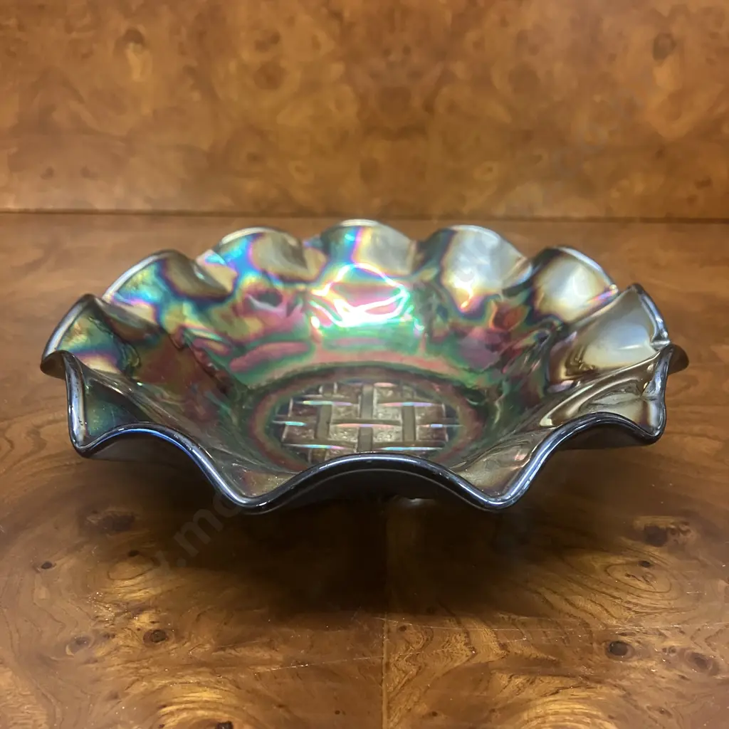 Rare Australian Crown Crystal Black Carnival Glass Lattice Pattern Bowl, Radium Finish. 18cm Image 1++