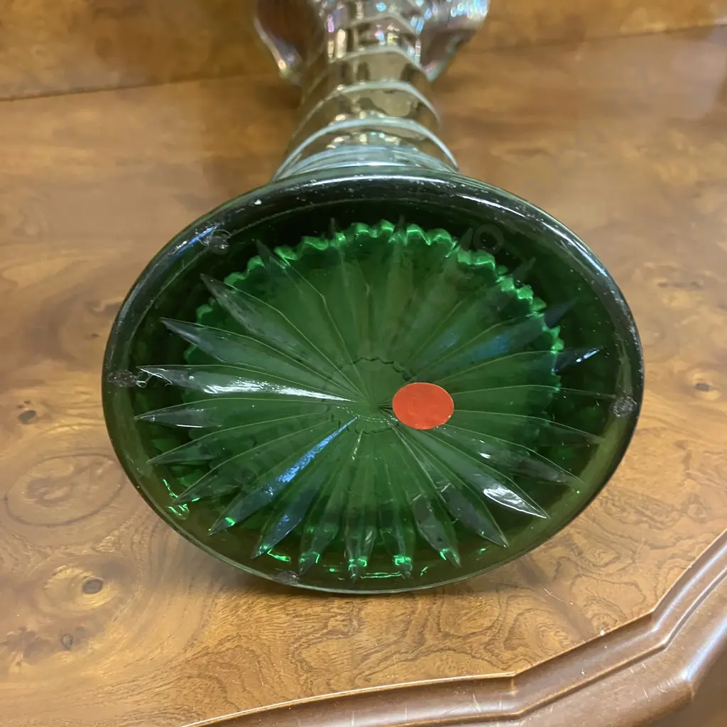 Scarce Antique Imperial Green Ripple Carnival Glass Swung Vase Pattern 481, Radium Style Finish. H48.5cm Image 1++