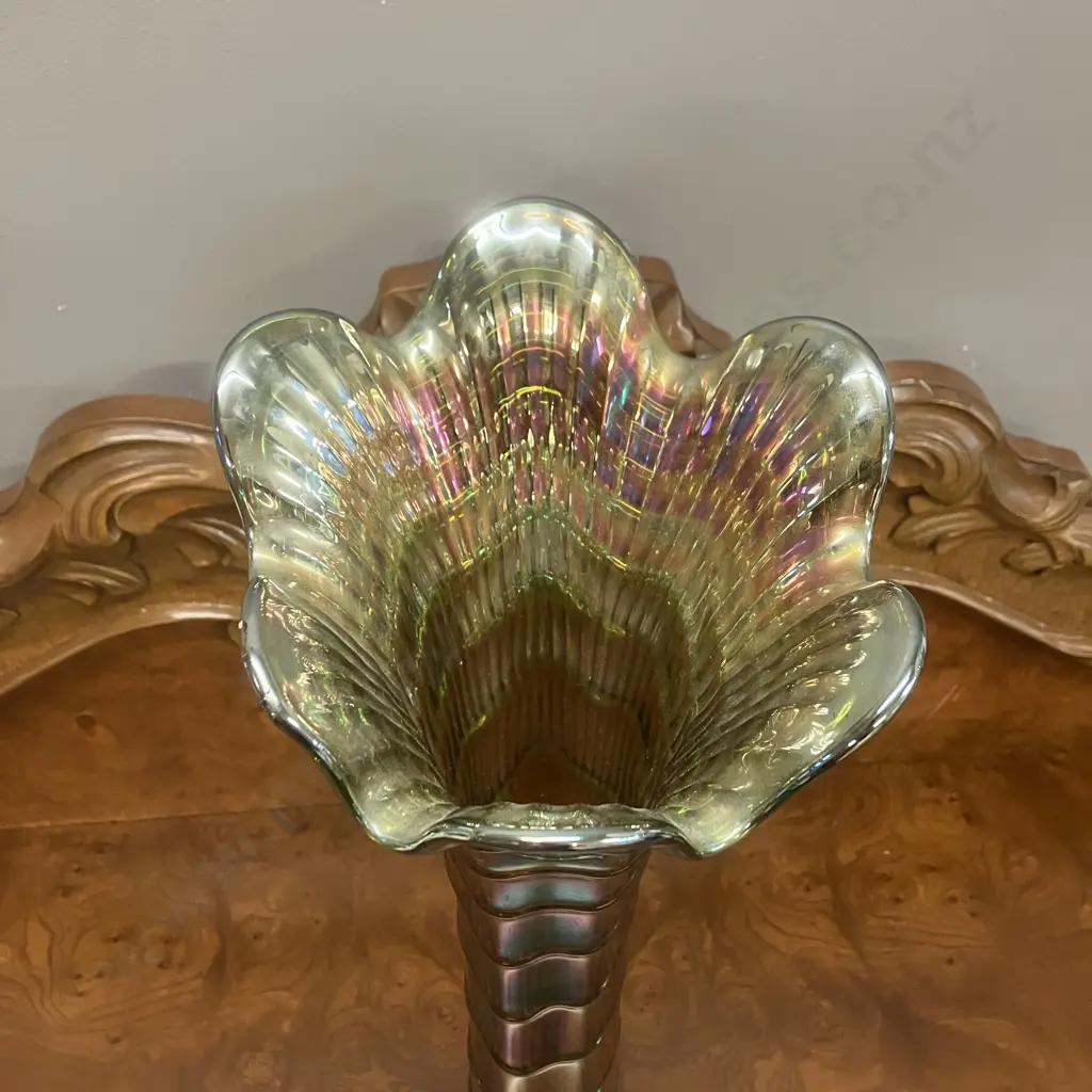 Scarce Antique Imperial Green Ripple Carnival Glass Swung Vase Pattern 481, Radium Style Finish. H48.5cm Image 1++